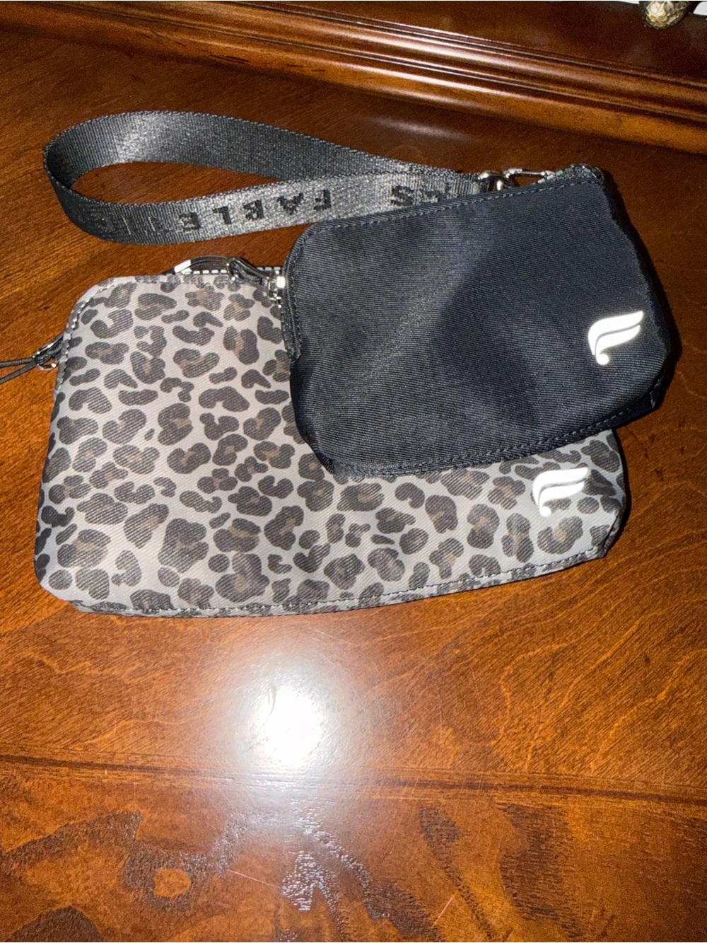 Fabletics Black and Leopard-Print Double Pouch Wristlet new